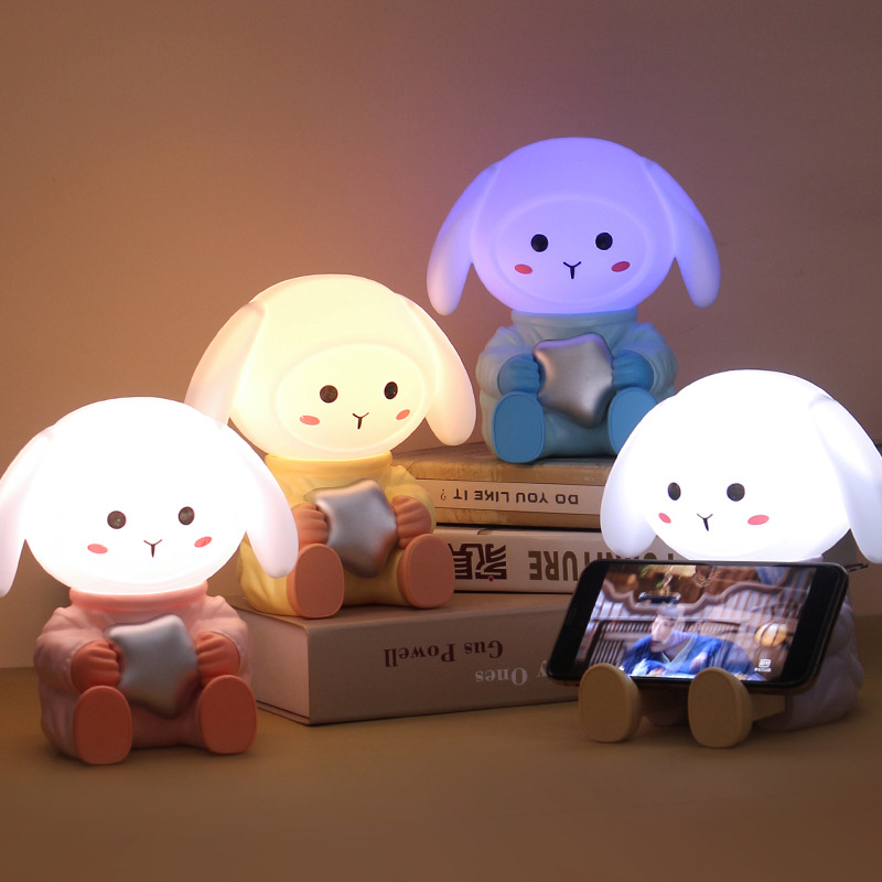 Cross-Border Adorable Rabbit Small Night Lamp Four-Gear Usb Charging Seven-Color Ambience Light Mobile Phone Bracket Bedroom Bedside Table Lamp