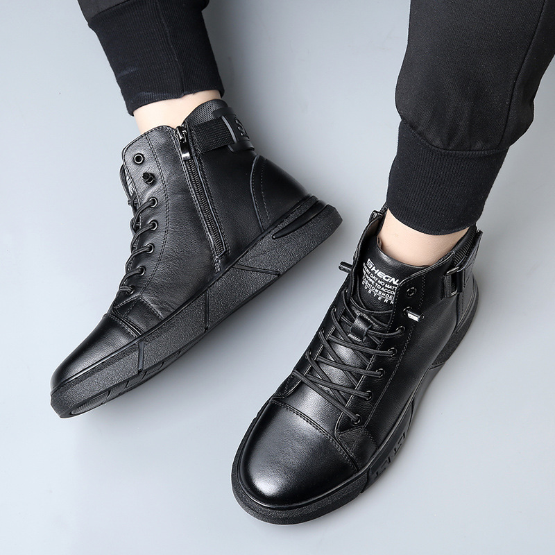 高帮牛皮男士皮靴秋冬保暖男鞋绅士棉鞋黑色皮鞋加绒休闲靴子新款