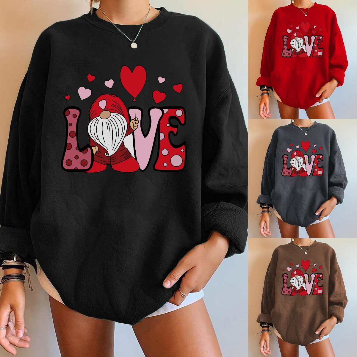 情人节卫衣love字母侏儒小人印花落肩卫衣情人节女卫衣跨境批发