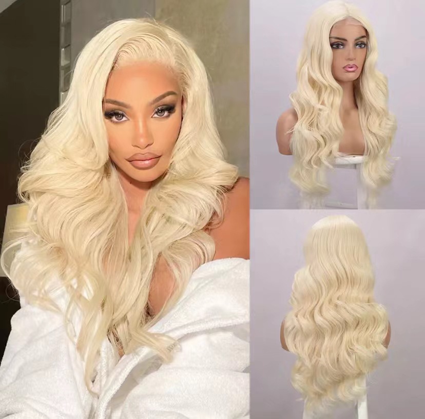 2023新品前蕾丝假发 欧美热销长卷发淡金色大波浪蕾丝假发套现货