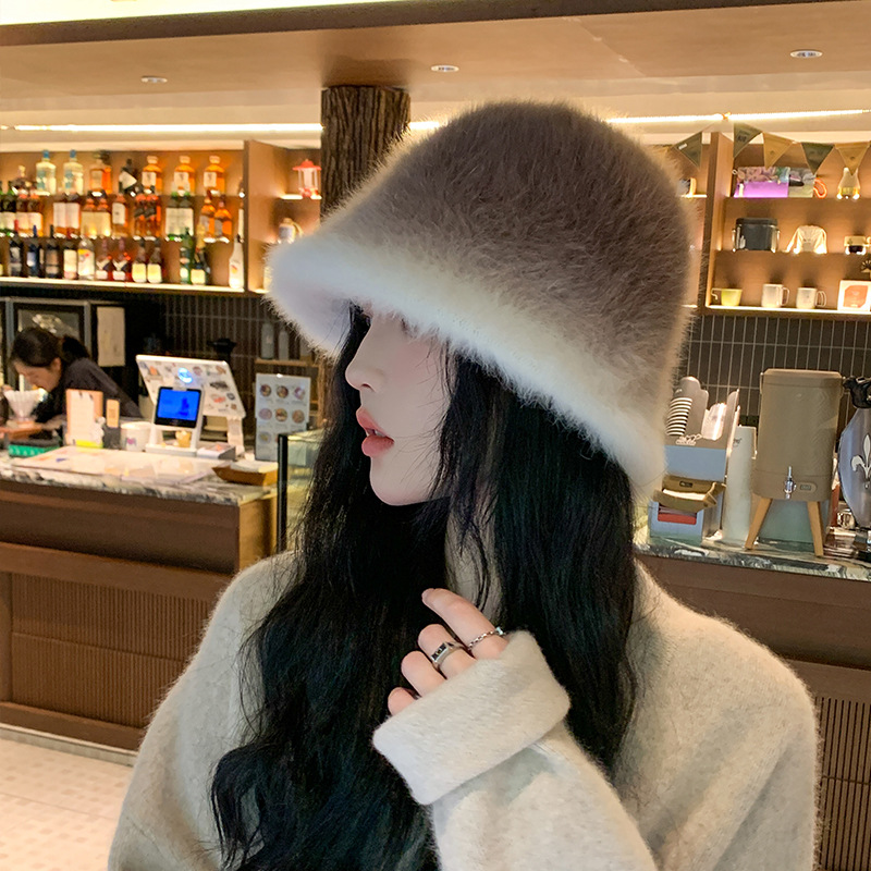 Autumn and Winter Korean Style Gradient Color Rabbit Fur Bucket Hat Face-Looking Small Outdoor Travel Warm Women's Fashion Bucket Hat Fashion