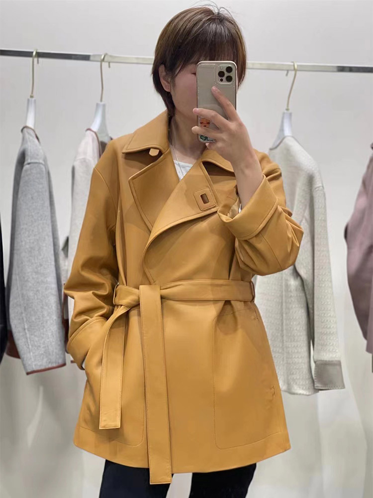2023秋冬新款真皮皮衣女系带中长款绵羊皮外套皮风衣女-阿里巴巴
