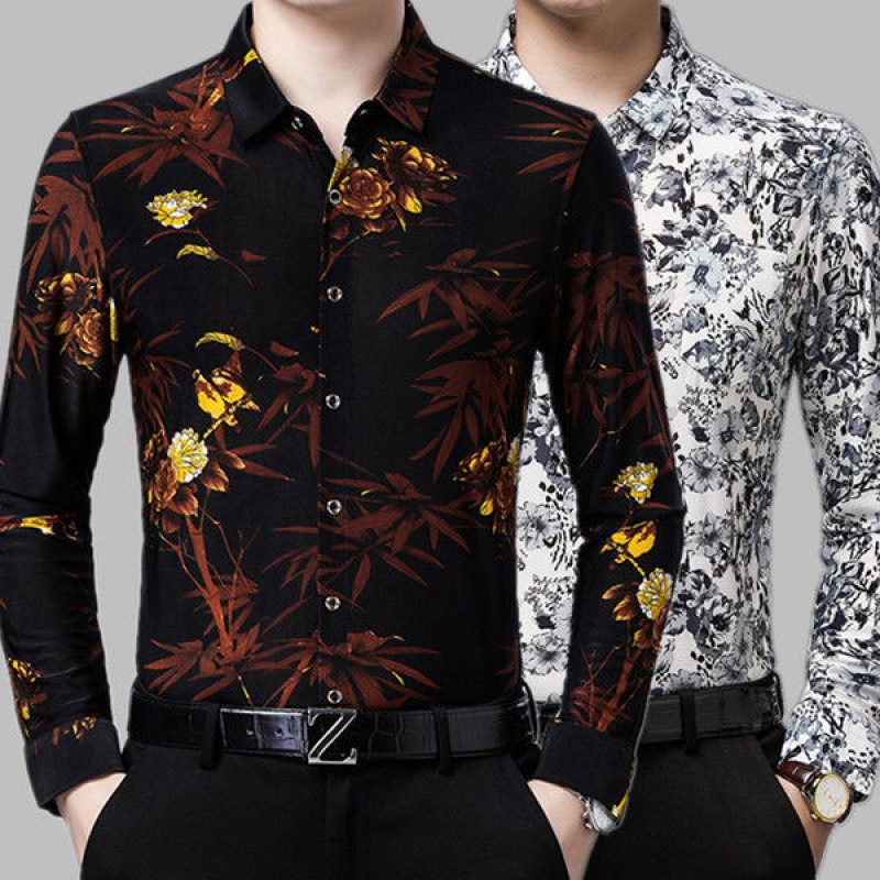 男士长袖花衬衫中年商务休闲碎花衬衣印花薄爸爸装宽松弹力春秋装