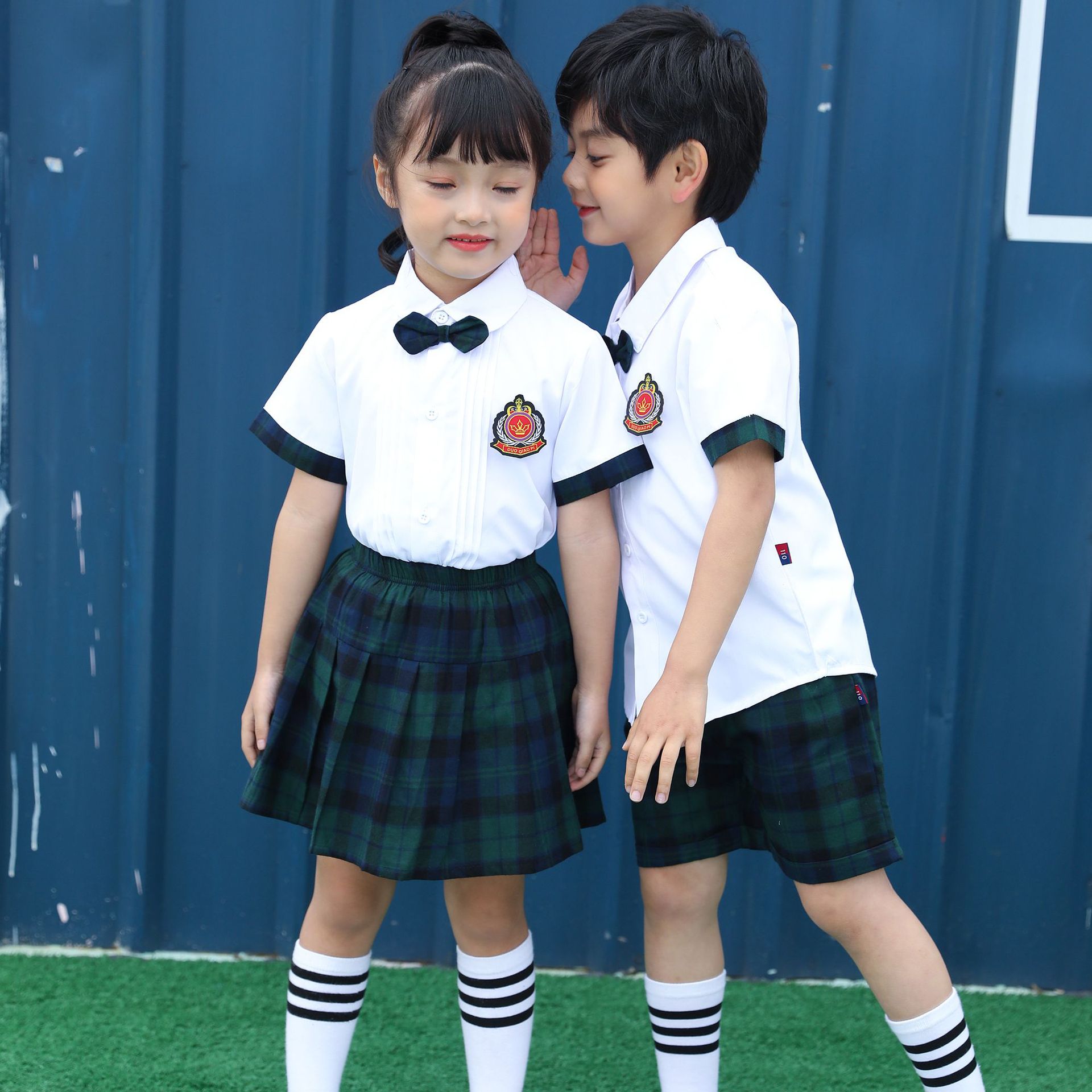 夏季园服儿童短袖短裙套装小学生英伦风白色校服班服校园表演服