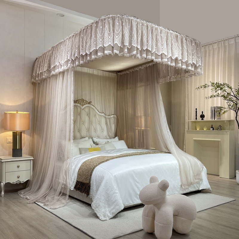 新款导轨蚊帐家用卧室防尘顶u型轨道公主纹账加密床幔可升降支架