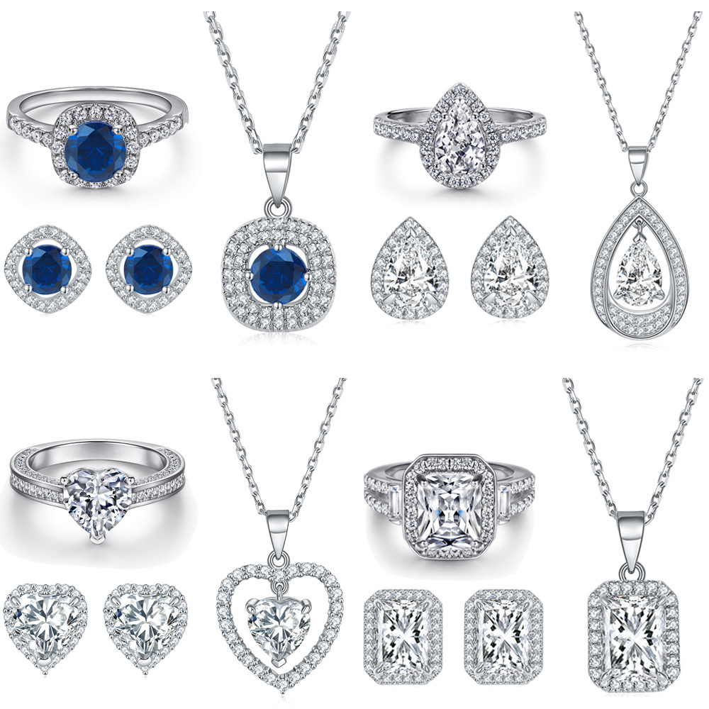 s925纯银宝石锆石耳钉海蓝宝项链彩宝戒指饰品珠宝首饰套装三件套