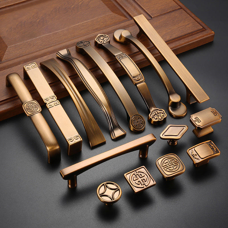 仿古新中式橱柜拉手 红木家具柜门五金拉手 黄古铜抽屉门把手