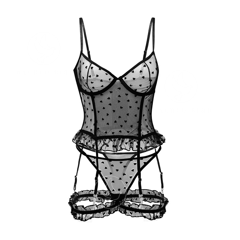 Fashion Printing European and American plus Size Mesh Lace Sexy Three-Piece Suit Sexy T-Shaped Beauty Back Ladies Gathering Bra