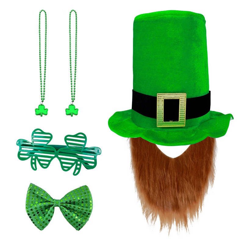 亚马逊爱尔兰胡子圣帕特里克三叶草绿色帽子眼镜项链套装节日道具
