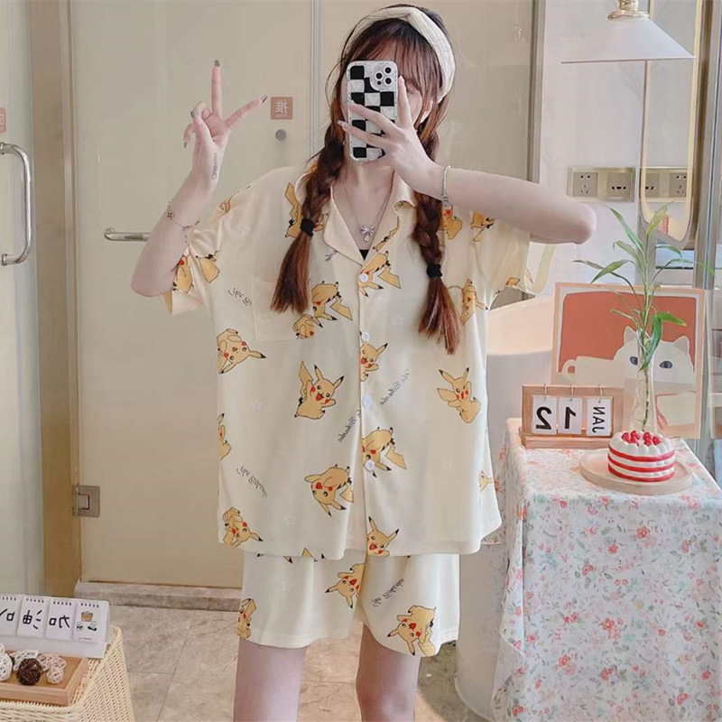 2023 Summer Pajamas Women's Flower and Grass Short-Sleeved Shorts Cardigan Korean Style Sweet Foreign Single Hot Selling Home Wear Double Short Suit