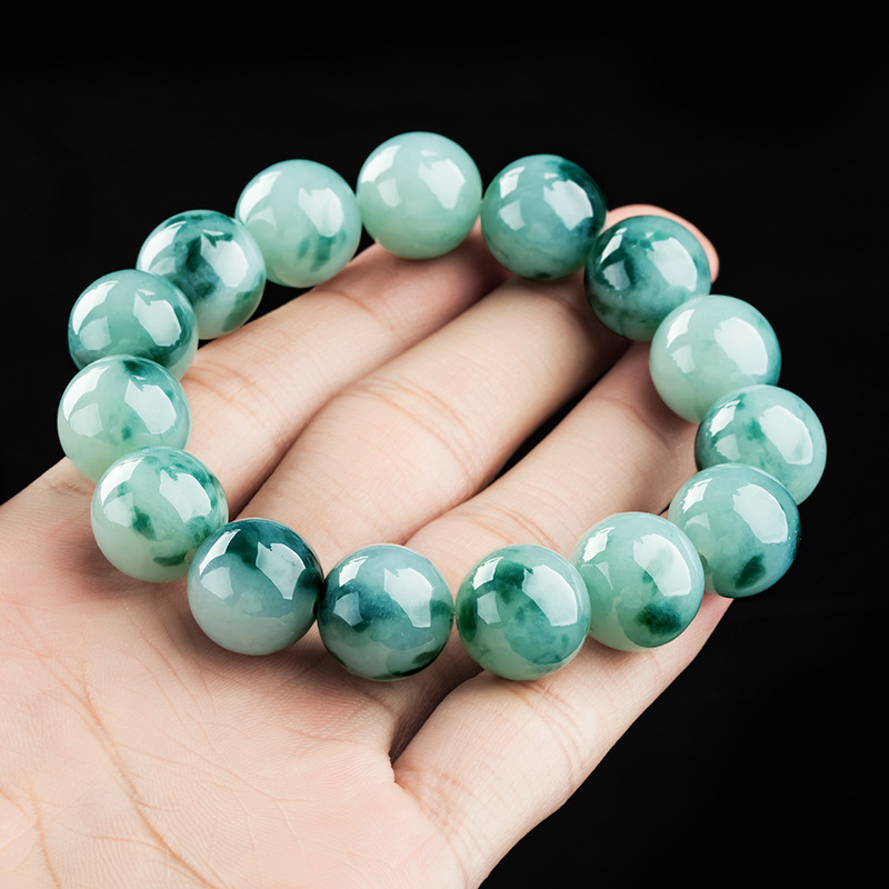 a货飘花翡翠手串男手链女玉珠串 男女通用款珠宝玉石单圈手链礼物