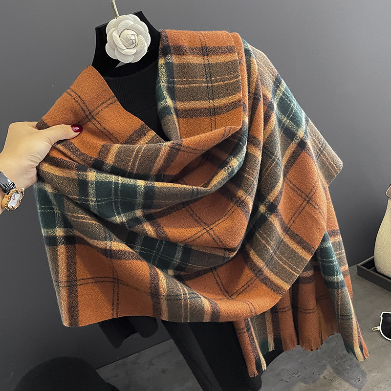 Korean Style Japanese Style Vintage Artistic Plaid Scarf Women's Autumn and Winter New Cashmere Warm All-Matching Shawl Dual-Use Scarf