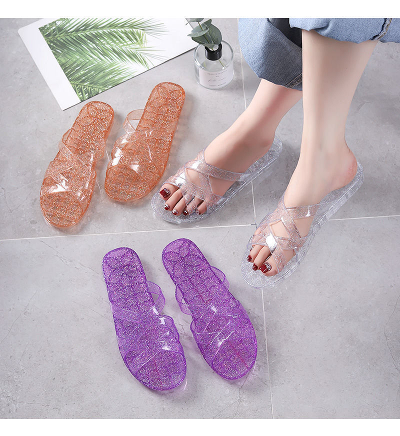 夏季新款水晶凉拖鞋女防滑洗澡浴室居家防臭平底透明家用女士拖鞋