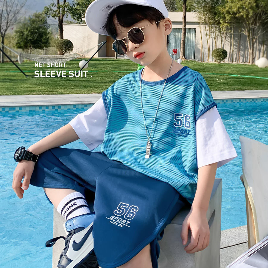 Boy's Sportswear Summer 2022 New Thin Medium and Big Children Quick-Drying T-shirt Shorts Two-Piece Children's Clothing Summer