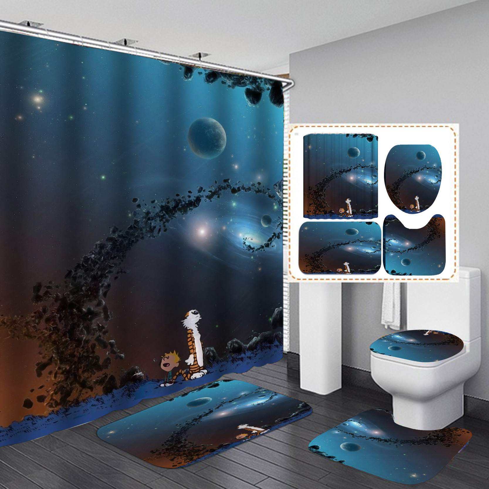 HD Digital Printing Shower Curtain Set Magic Picture Series Waterproof Punch-Free Partition Curtain Bath Curtain Hotel Rain Curtain