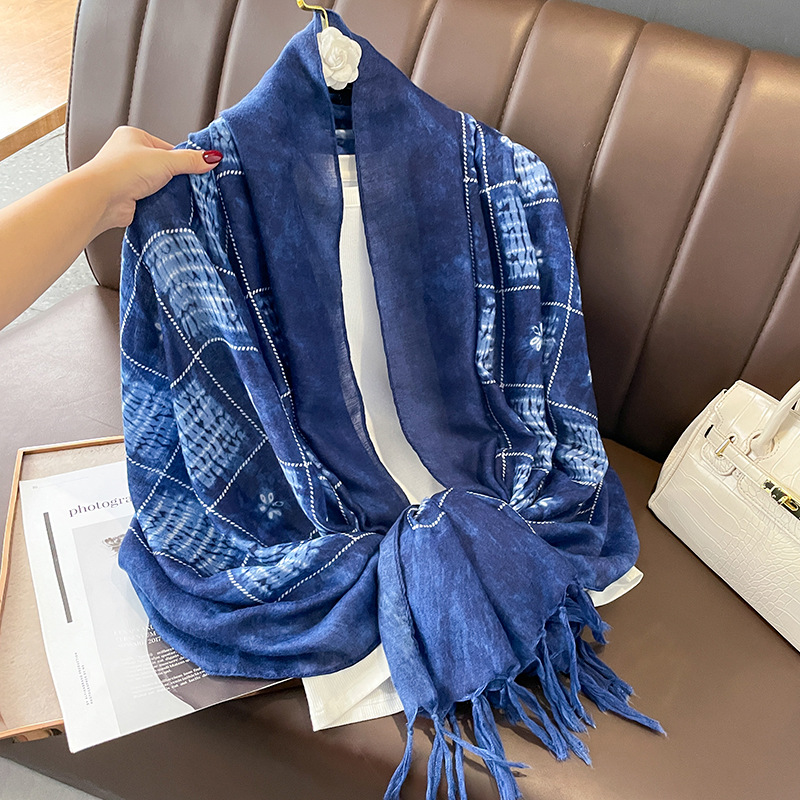 Spring and Autumn Thin Women's Blue Color Cotton and Linen Sunscreen Scarf Versatile Fashionable Warm Western Style Scarf Shawl Dual Purpose Scarf