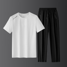 运动套装男夏季2023新圆领冰丝速干T恤衫休闲宽松两件套薄款长裤