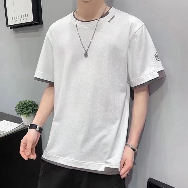 短袖t恤男衣服夏季2022新款潮流半袖假两件上衣夏装宽松型体恤衫