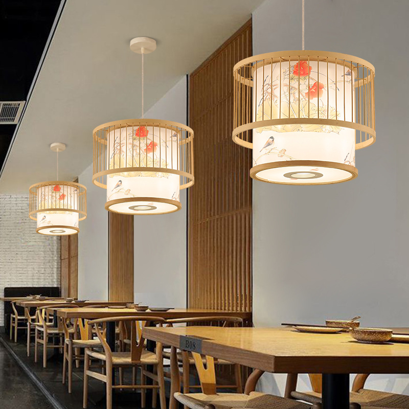 中式羊皮饭店餐馆包厢包间吊灯火锅店餐厅包房竹艺竹编灯具带射灯