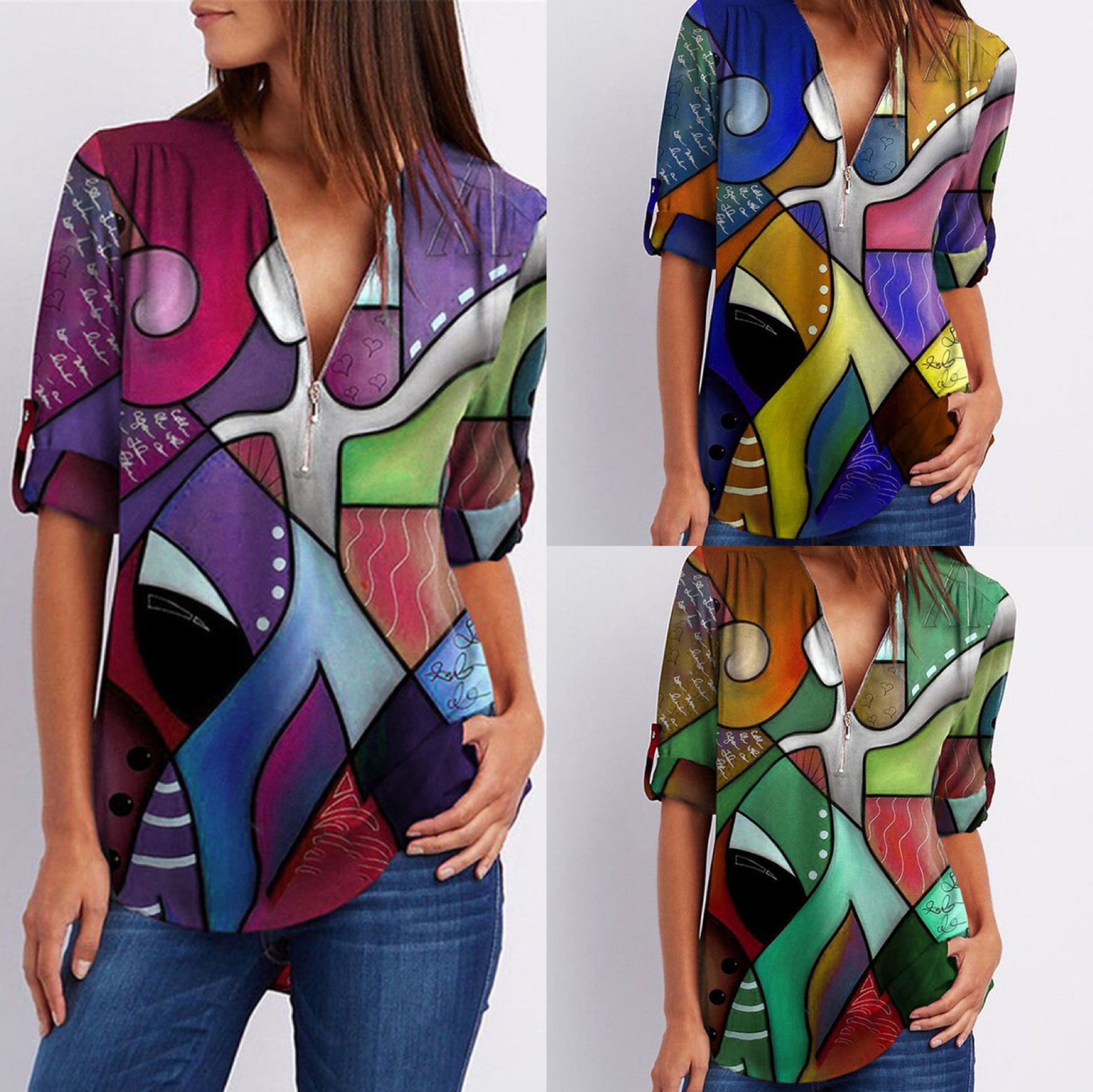 2021跨境欧美女装新款 多色个性抽象定位印花v领拉链长袖衬衫现货