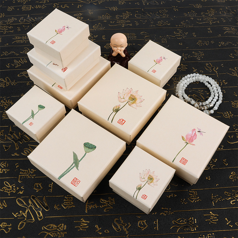 Internet Celebrity Retro Chinese Style Jewelry Box Lotus Jewelry Packaging Box Sky Cover Hairpin Box Ring Box Spot Wholesale