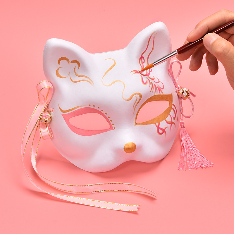 粉红系手绘面具 二次元cos猫咪狐狸面具流苏铃铛面具独立pp袋动漫