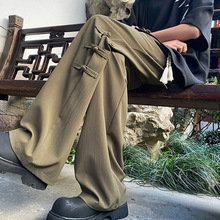 新中式国风盘扣裤子男士夏季新款高级感垂感宽松直筒阔腿休闲长裤