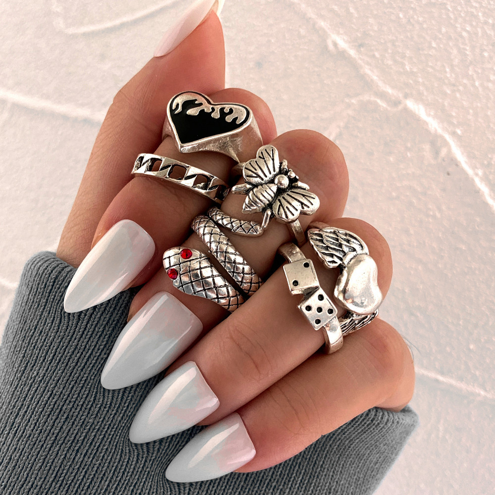 Cross-Border Hot Selling Poker Ring Wholesale Creative Personality Retro Antique Silver Spade Card Knuckle Ring 5-Piece Set