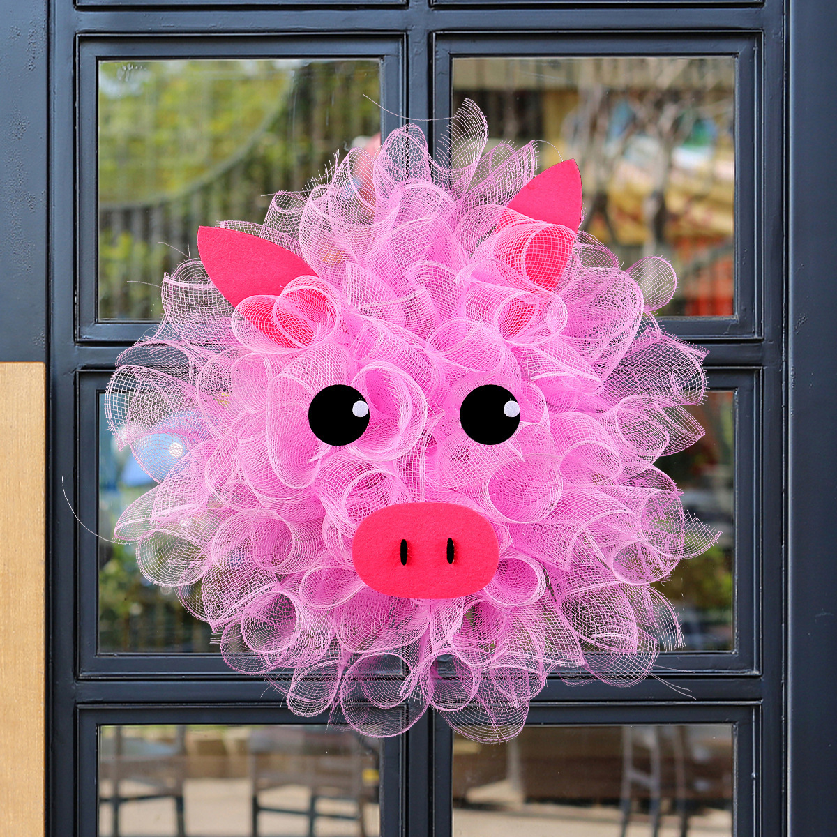 纵鸿跨境粉色小猪网纱花环可爱装饰花环门窗壁挂家庭节日布置道具