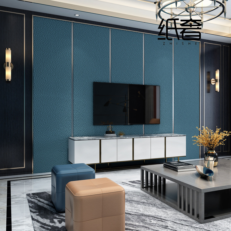 现代2021蓝色轻奢影视墙壁纸软包大气客厅卧室床头电视背景墙纸