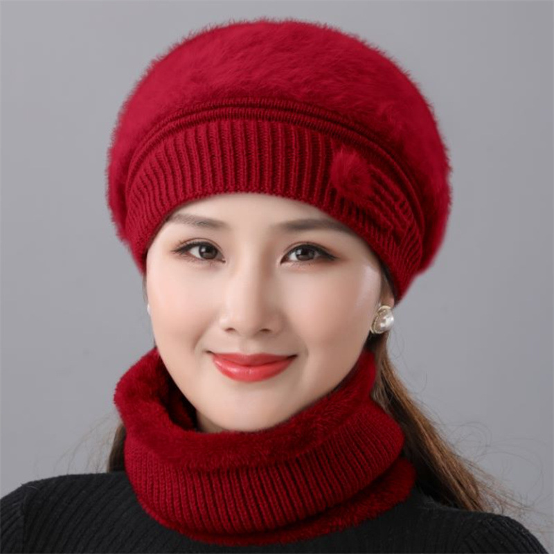 冬季时尚百搭兔毛帽女士秋冬妈妈贝雷帽加绒加厚保暖防寒帽子围脖