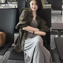 韩系套装女装夏季复古格子防晒长袖衬衫气质灰色背心连衣裙两件套