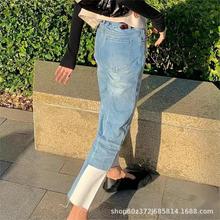 2023早春新款韩国小众设计拼色时髦做旧撞色贴布直筒九分牛仔裤女