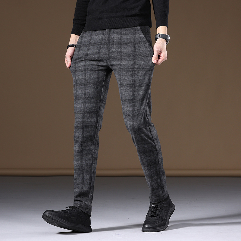 一件代发秋季毛呢格子休闲裤男士青年韩版潮流百搭时尚磨毛长裤子