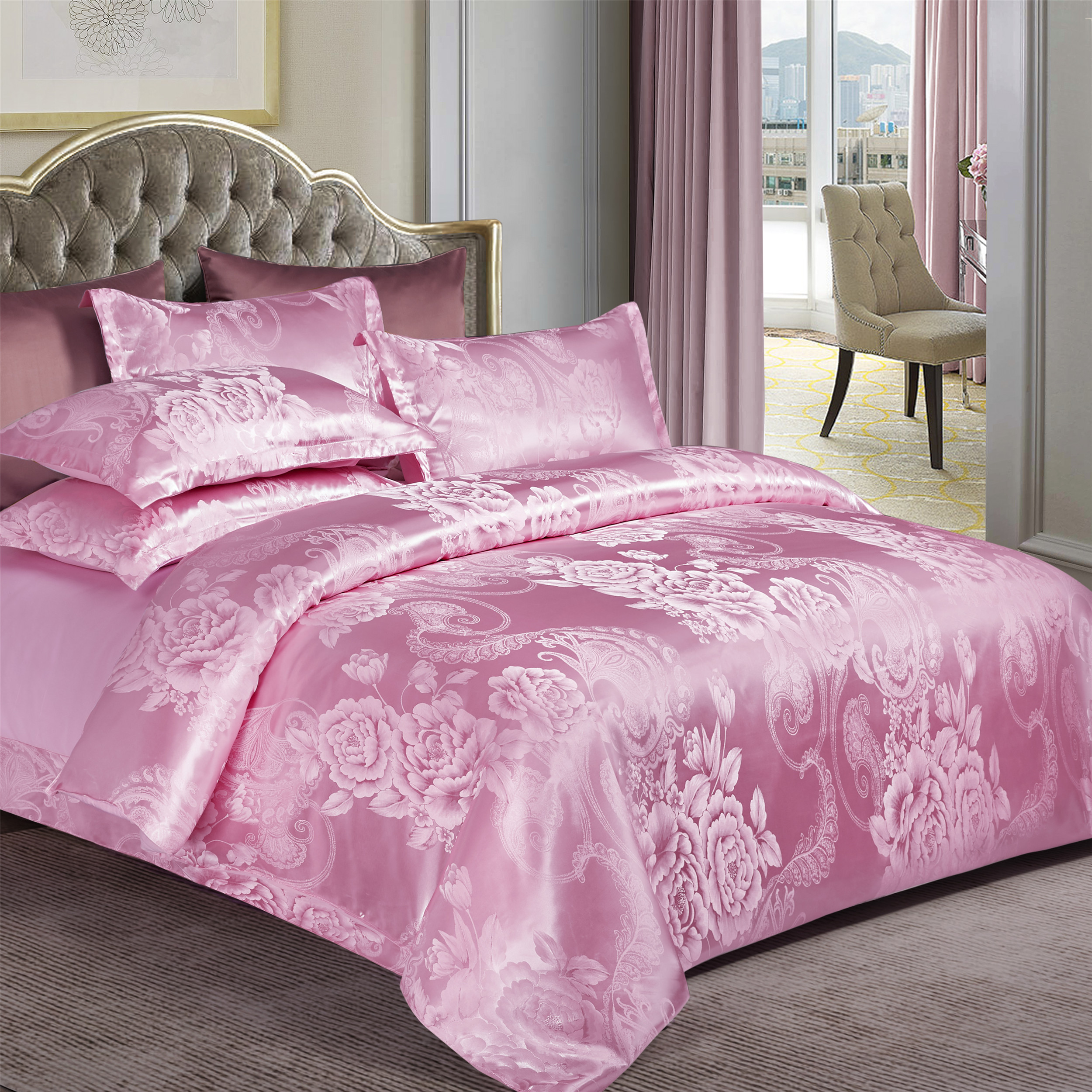 欧式奢华贡缎提花四件套床单被罩1.8m2.0m婚庆三件套床上媛洛