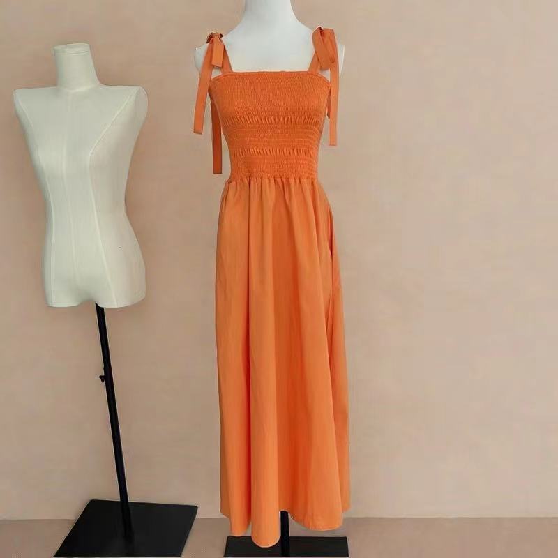 虞书欣明星同款裙子橘色海边度假无袖连衣裙女夏季法式收腰吊带裙