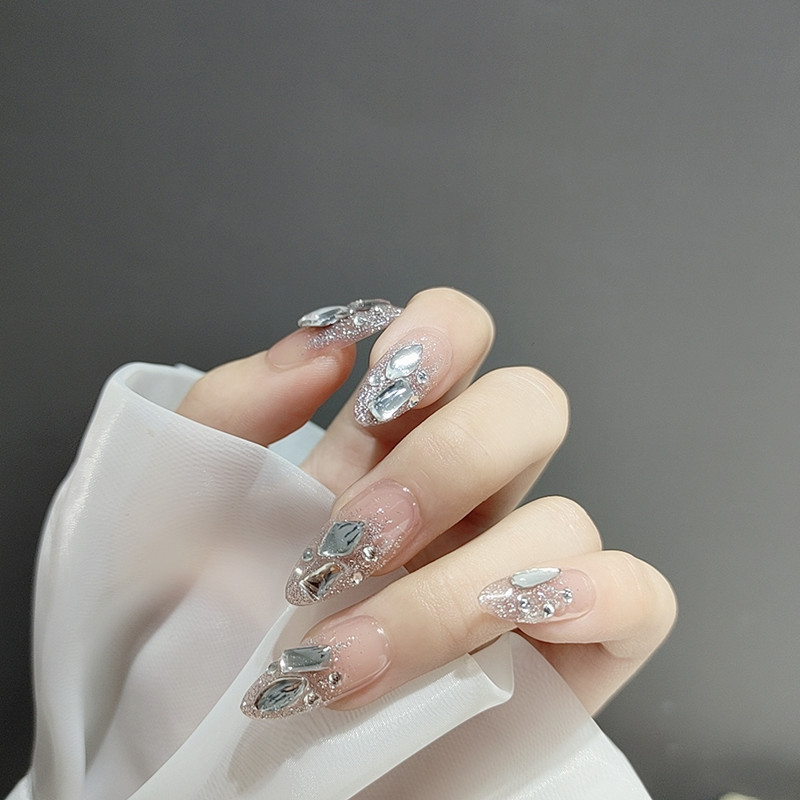 b300尖头满钻奢华闪钻长款穿戴甲美甲成品手工光疗假指甲贴片闪钻