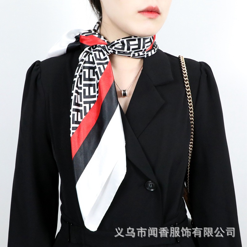 Spring New Women's Fashionable All-Match 90 Square Scarf Letter Printed Satin Scarf Windproof Neck Scarf Small Shawl