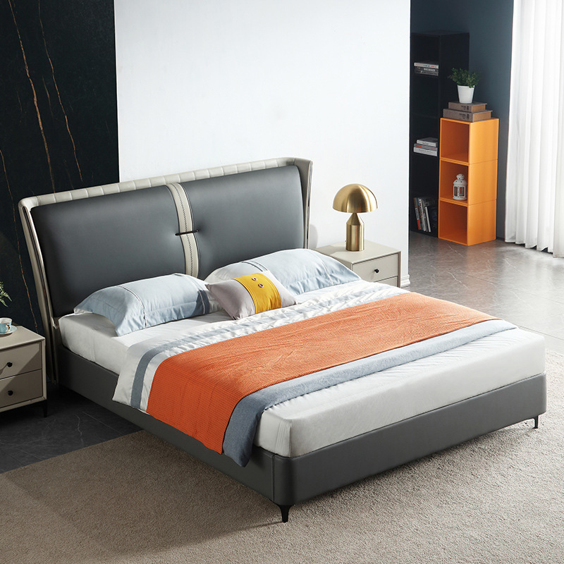 意式真皮床轻奢现代2021年新款网红高档主卧灰色两米二双人大床