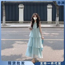 2024温柔风蓝色吊带连衣裙法式甜美蛋糕裙显瘦气质长裙