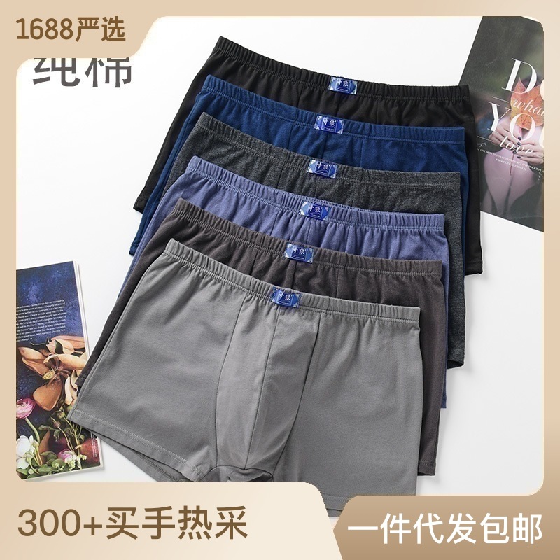 purified cotton men‘s underwear wholesale large size personalized mid-rise pants head breathable and loose solid color new cotton boyshorts