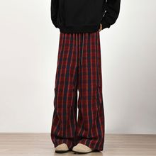 美式复古红色格子阔腿裤新款宽松休闲百搭松紧腰直筒拖地裤痞帅男