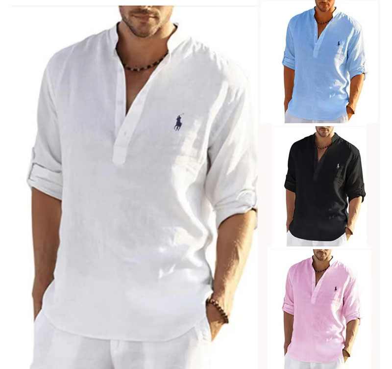 Exclusive for Cross-Border Long Linen Sleeves Embroidered Stand Collar Men's Polo Shirt plus Size