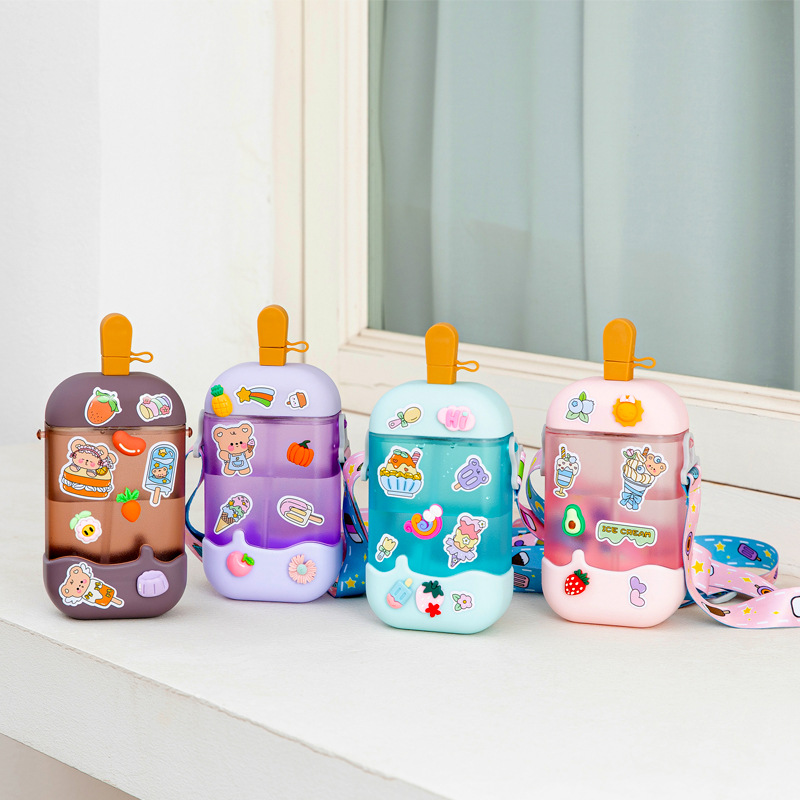 factory direct sales ice cream popsicle cup children‘s plastic sippy cup crossbody portable lanyard strap plastic water cup