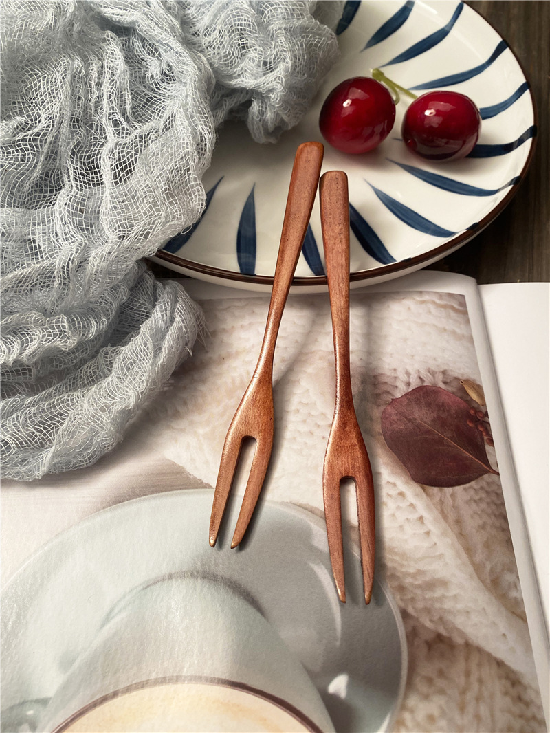 日式创意二齿木叉 精致水果叉 家用韩式甜品叉中秋月饼叉可定logo