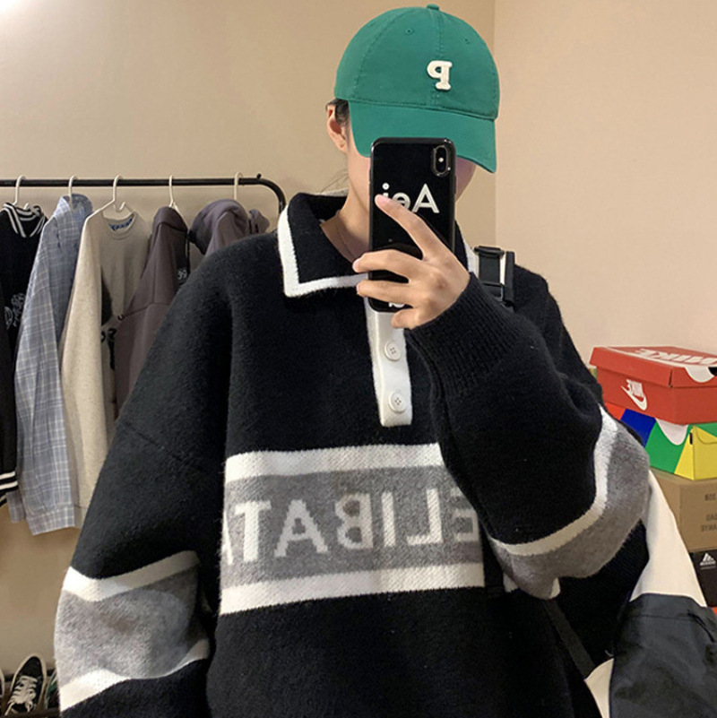 polo领毛衣男秋冬季宽松日系痞帅针织衫ins潮学院风情侣套头