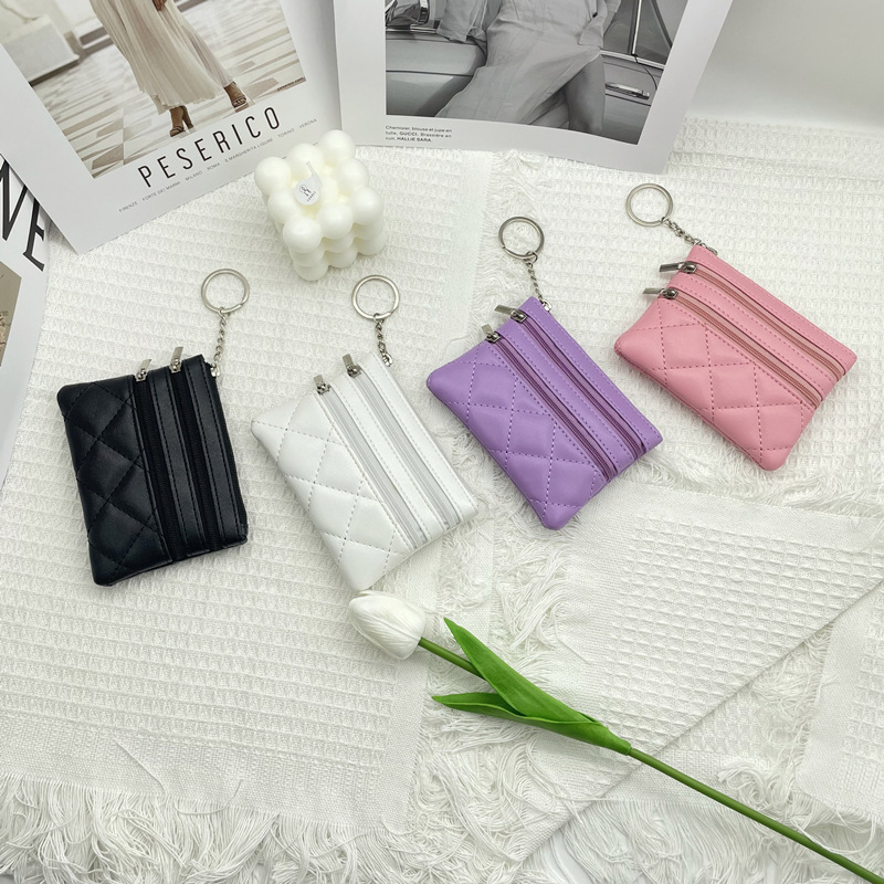 Women's Double Zipper Coin Purse Key Ring Multiple Card Slots Small Bag Rhombic Embroidery Thread Wallet Korean Mini Clutch