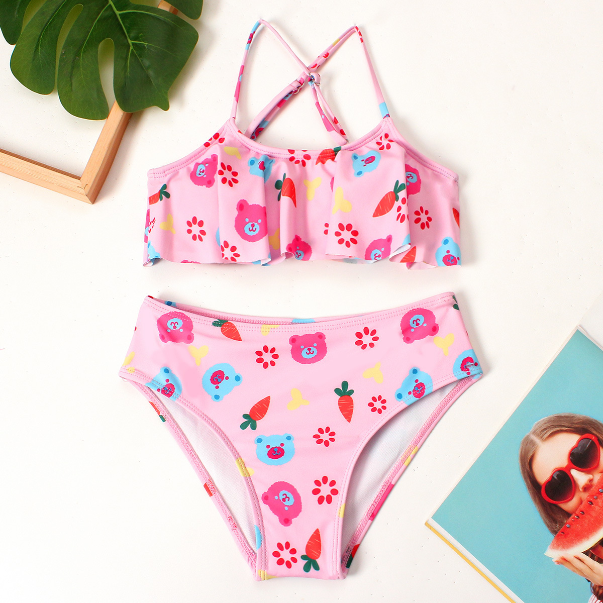 2024新款儿童泳装 时尚可爱印花女童比基尼中大童130-140欧美泳装