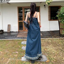 减龄气质中长款串珠牛仔背带裙女2023夏季新款大码收腹显瘦连衣励