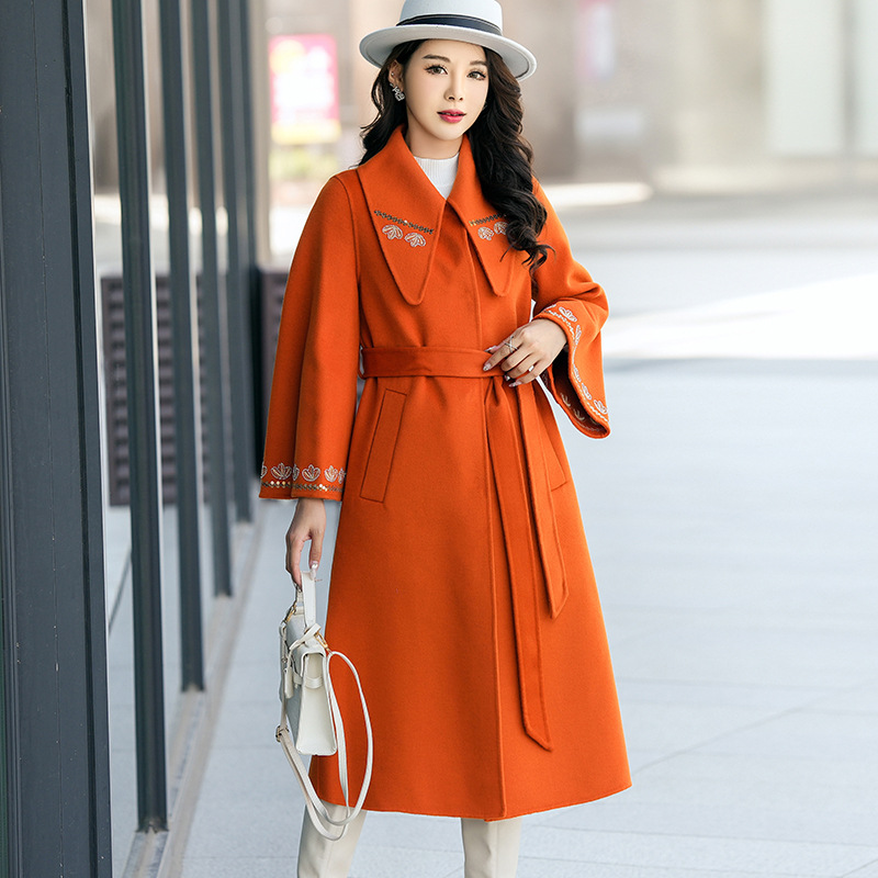 2023新款民族风镶钻结婚婚礼毛呢外套橘色大衣双面羊绒